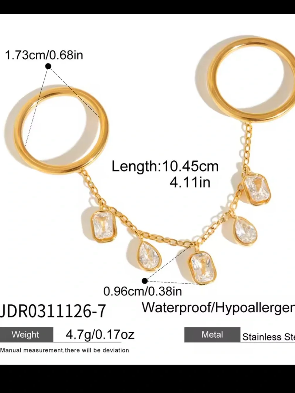 Gold Chain Ring with Clear Crystal Drops - Women's Jewelry